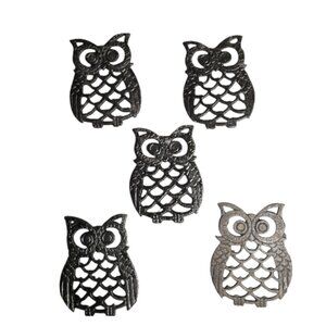 Set of 5 Vtg Small Black Owl Cast Iron Trivets - 3.25" x 4"